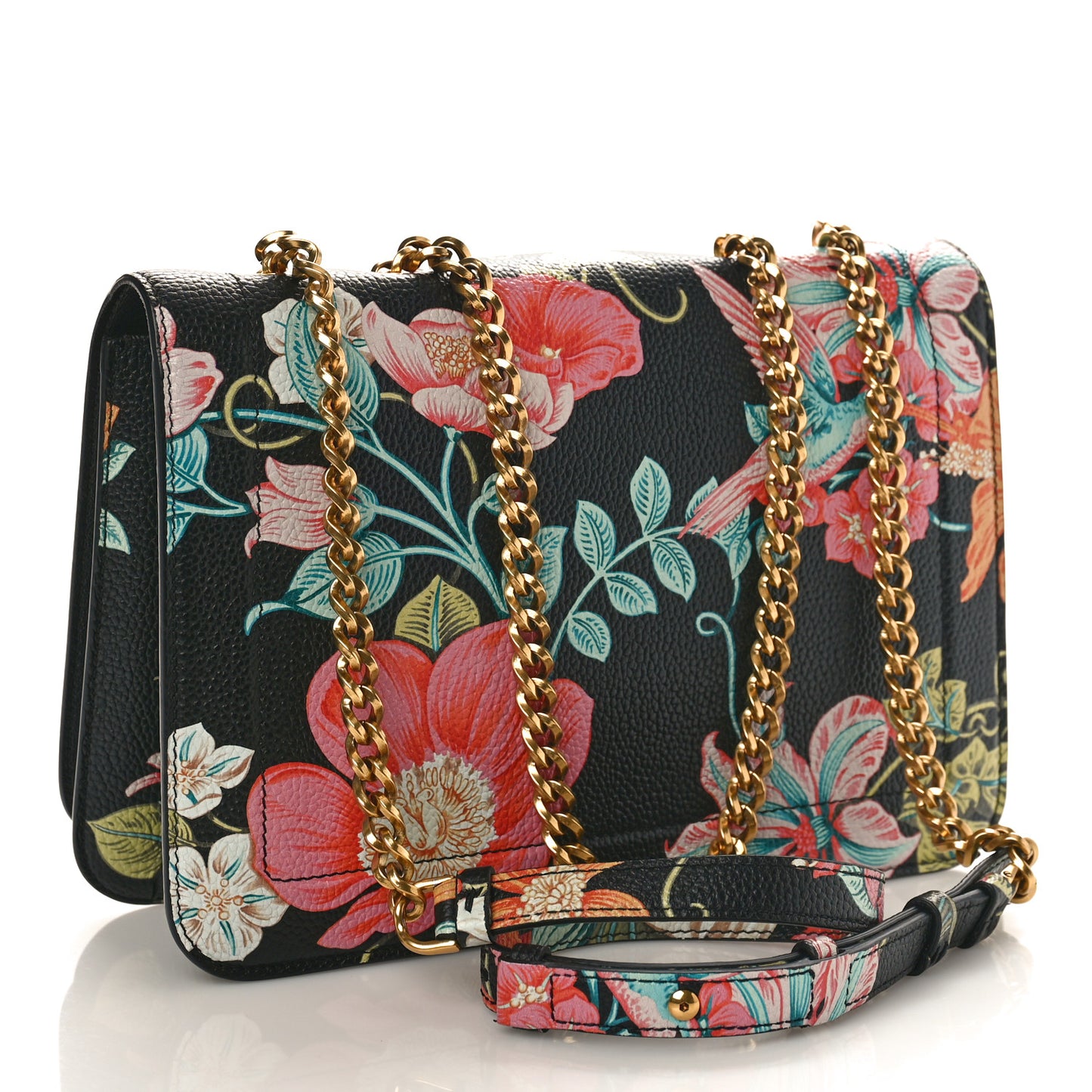 Calfskin Floral Print Vara Bow Chain Flap Crossbody Black Multicolor