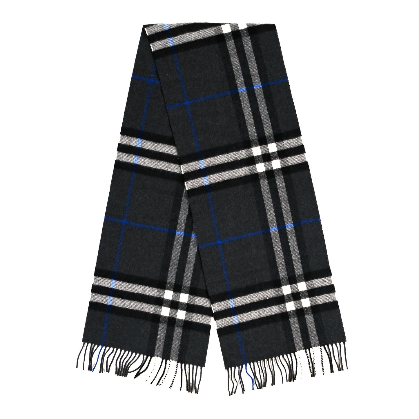 Cashmere Classic Check Fringe Scarf Dark Grey Blue