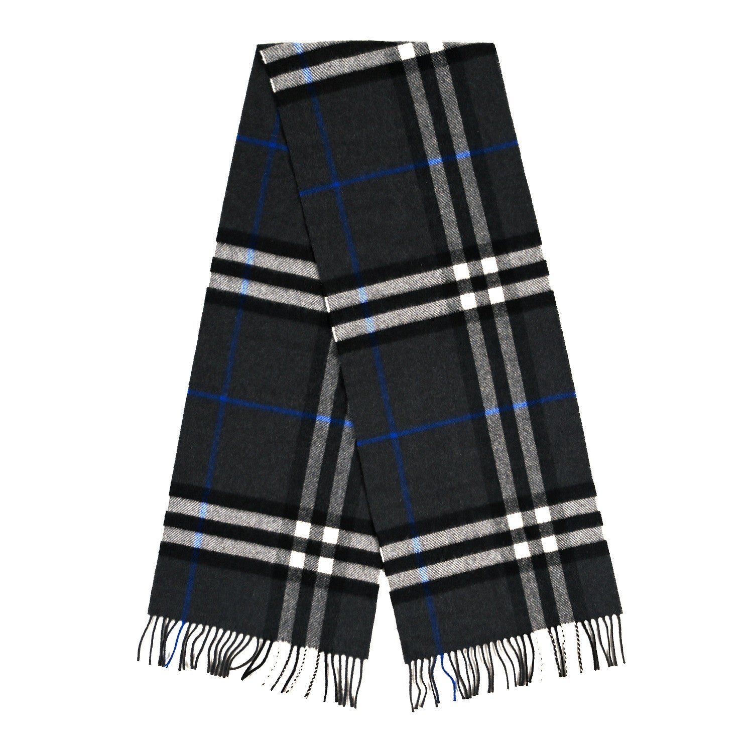 Burberry Cashmere Classic Check Fringe Scarf Dark Grey Blue 2 of 3