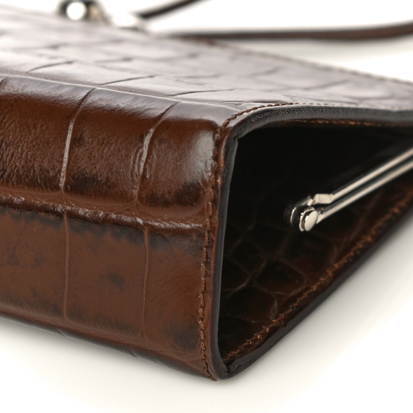 Crocodile Embossed Calfskin Wristlet Clutch Brown