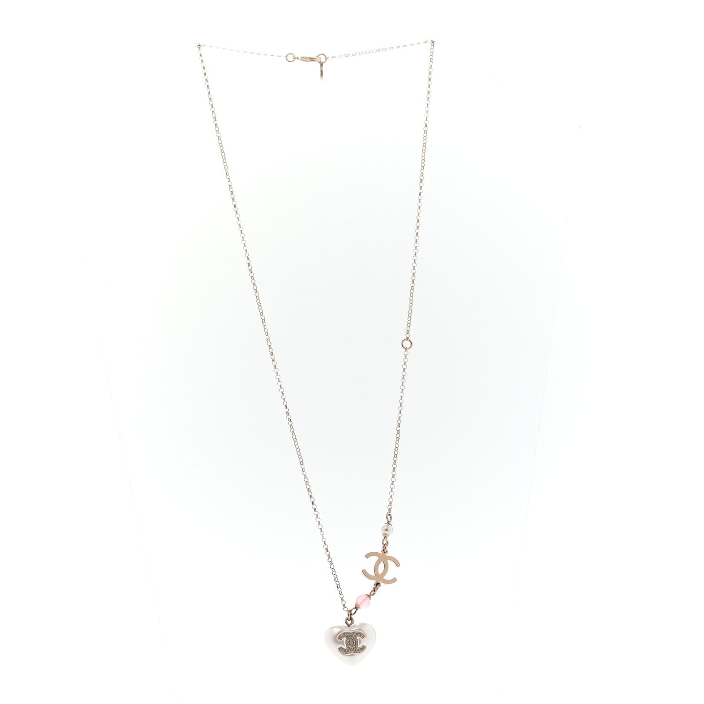 Resin Crystal CC Heart Necklace Pearly White Gold