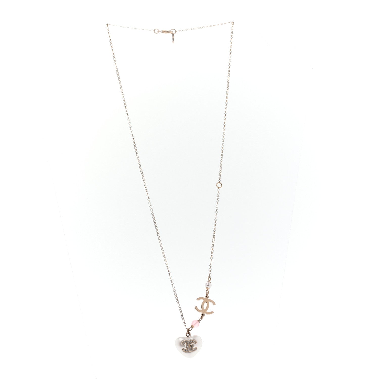 Chanel Resin Crystal CC Heart Necklace Pearly White Gold 3 of 5
