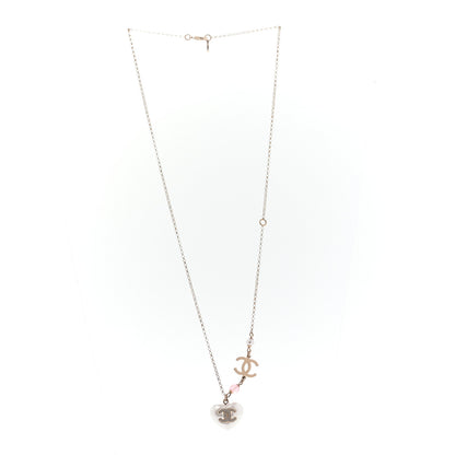 Chanel Resin Crystal CC Heart Necklace Pearly White Gold 3 of 5