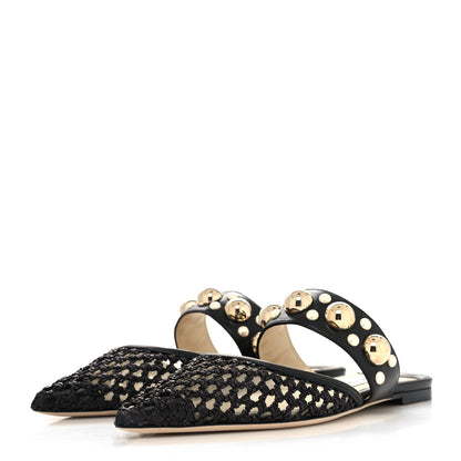 Jimmy Choo Raffia Nappa Basette Studded Flats 38.5 Black 3 of 7
