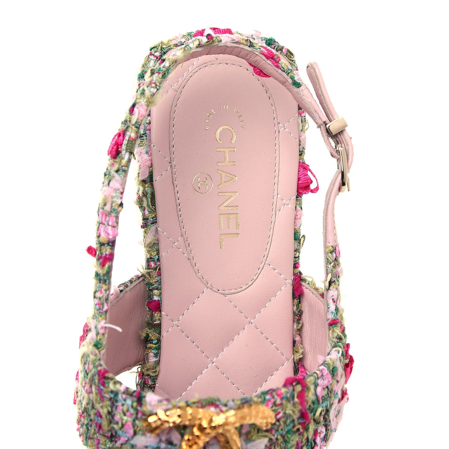 Tweed CC Logo Thong Sandals 37.5 Green Pink White