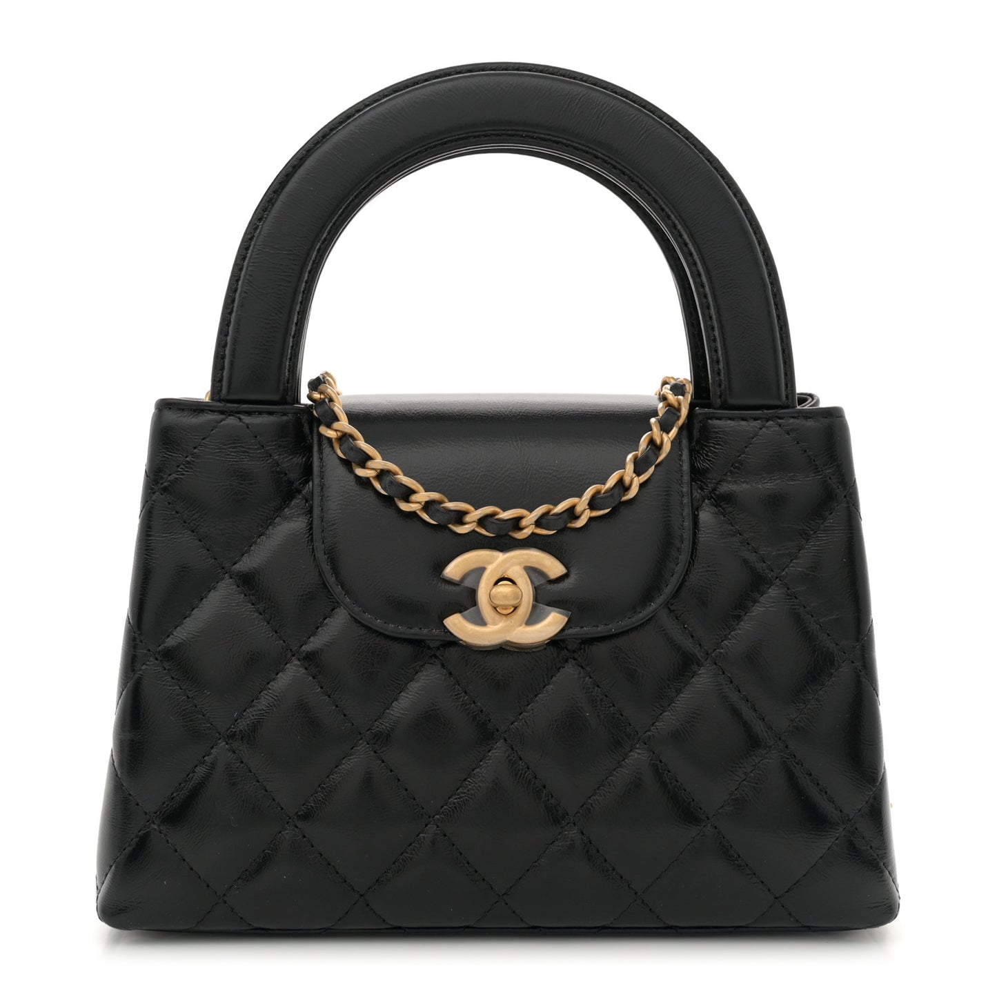 Shiny Aged Calfskin Quilted Nano Kelly Shopper Black