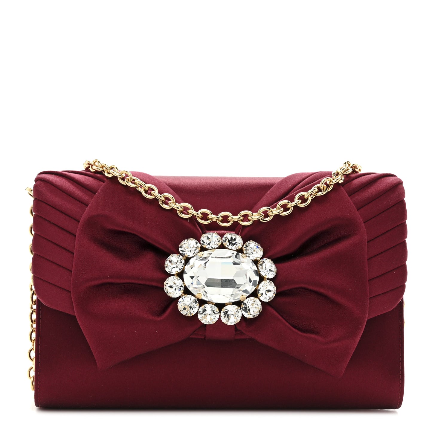 Satin Crystal Bow Chain Clutch Dark Red