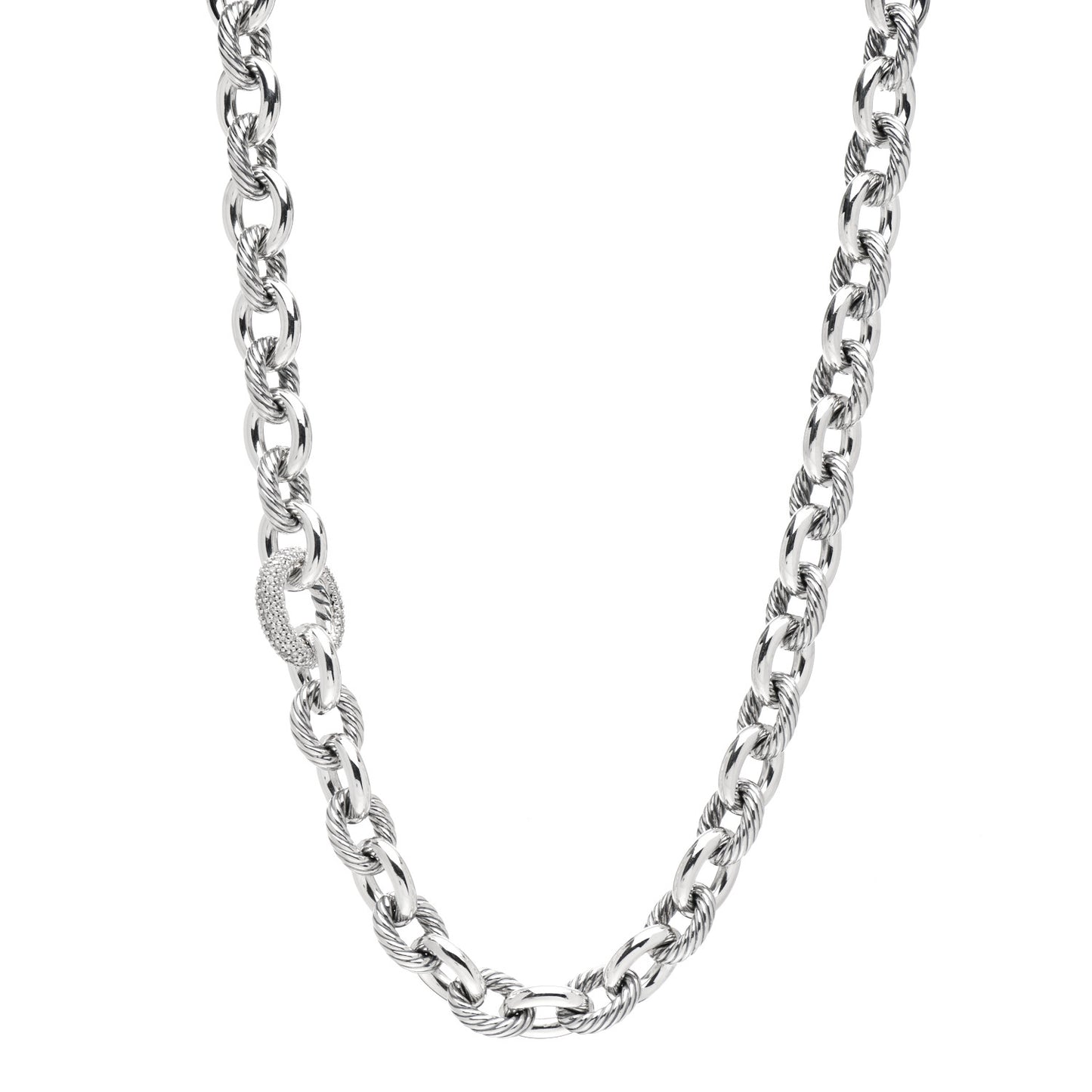 Sterling Silver Diamond Pave 15mm Large Oval Link Necklace