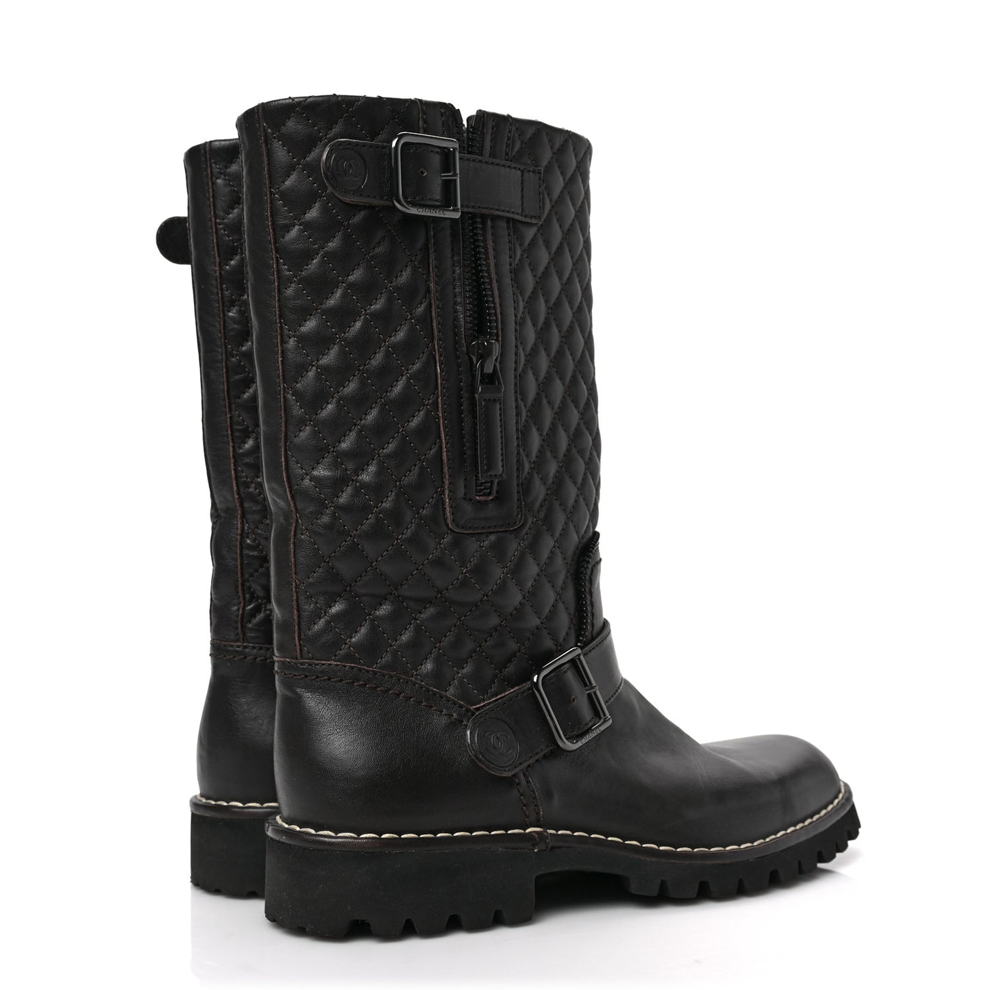 Calfskin Quilted Biker Boots 37.5 Brown