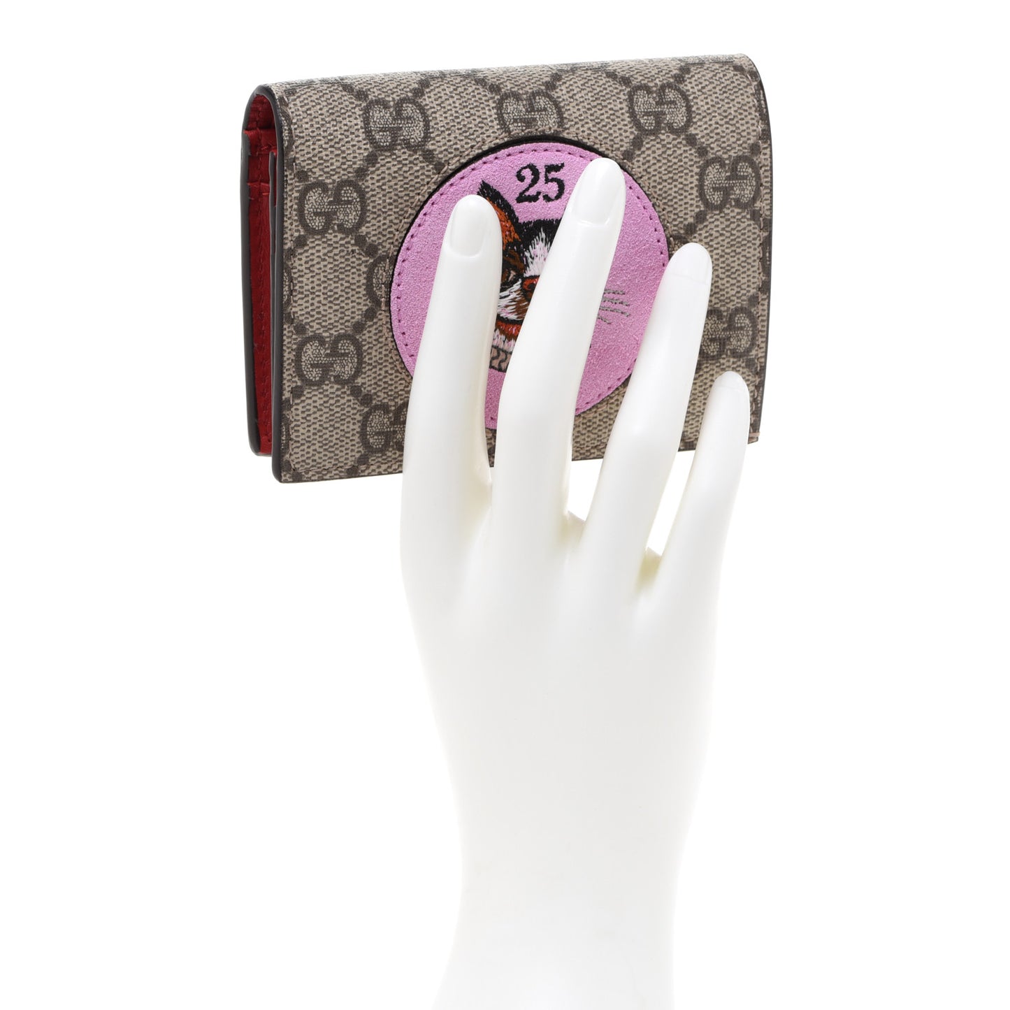 GG Supreme Monogram Bosco Patch Card Case Wallet Beige Malva Hibiscus Red