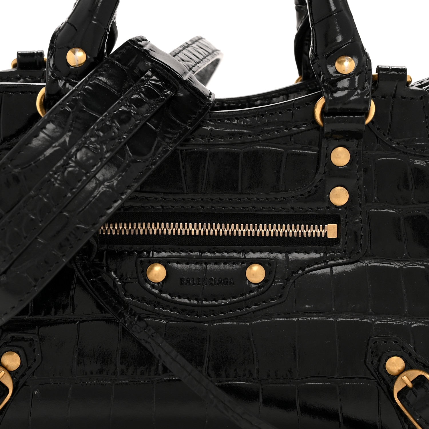 Balenciaga Shiny Supple Calfskin Crocodile Embossed Neo Classic Gold Hardware Mini City Black 9 of 15