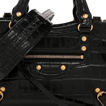 Balenciaga Shiny Supple Calfskin Crocodile Embossed Neo Classic Gold Hardware Mini City Black 9 of 15