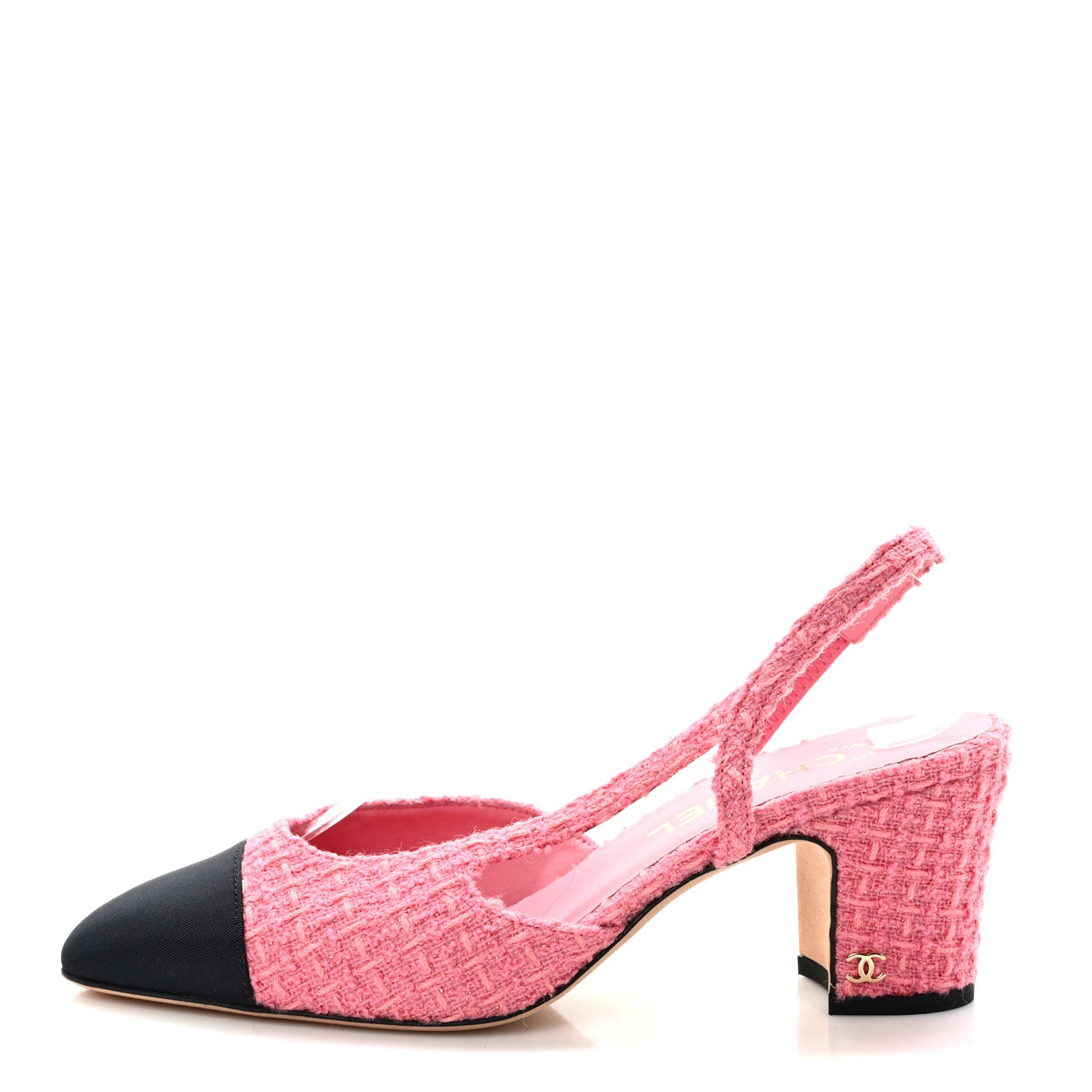Tweed Grosgrain Cap Toe CC Slingback Pumps 39 Pink Black