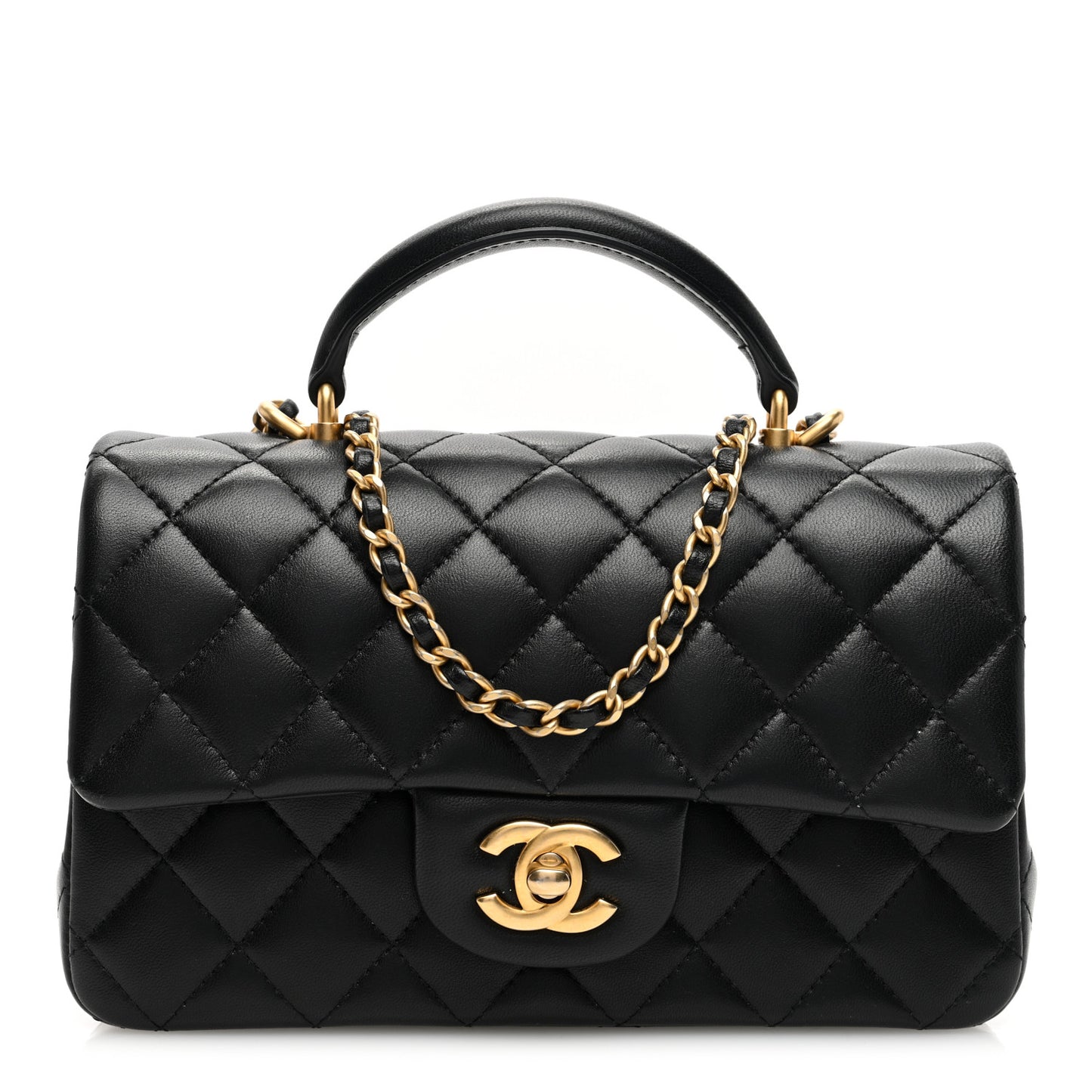 Lambskin Quilted Mini Top Handle Rectangular Flap Black