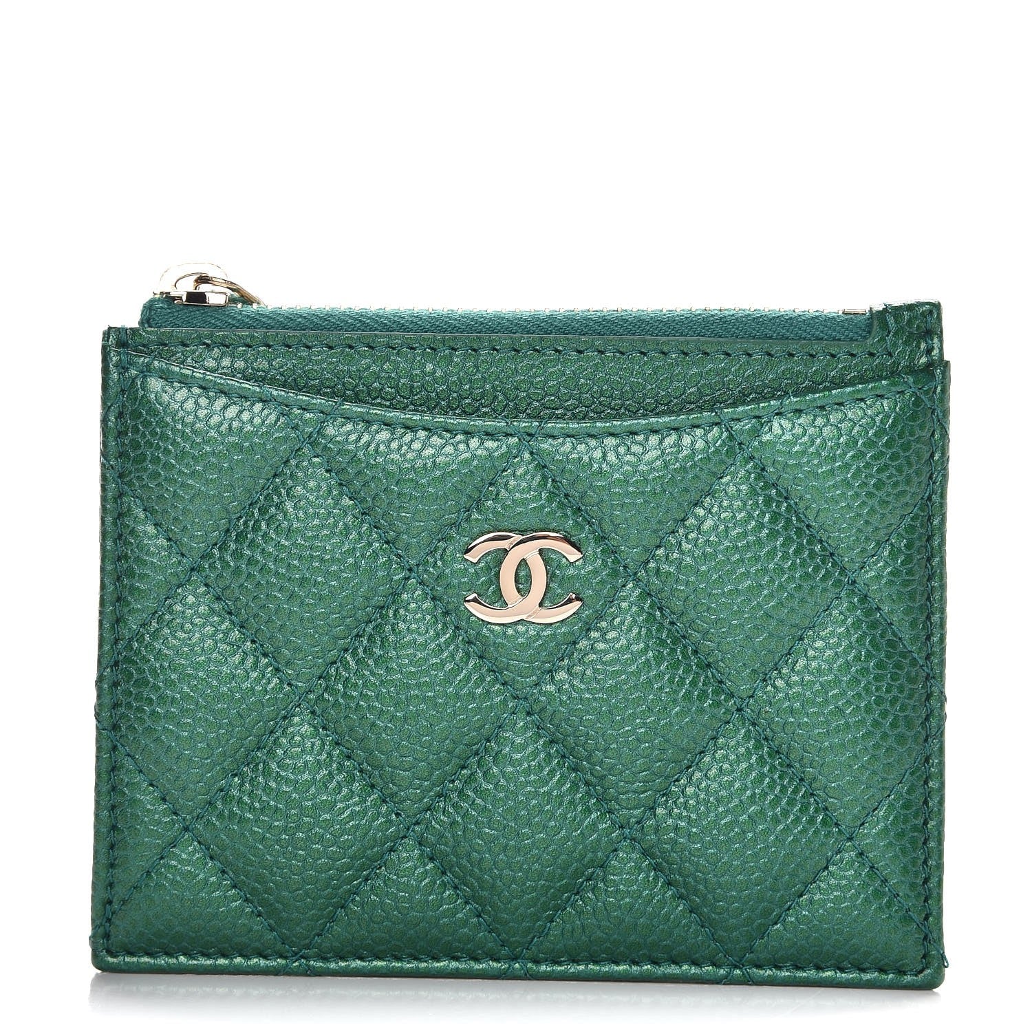 Chanel Metallic Caviar Quilted CC Zip Card Holder Green 1 of 8