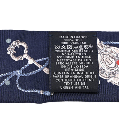 Hermes Silk Calfskin Les Cles A Pois Fringed Twilly Bleu Marine Gris Argent Multicolor 3 of 4