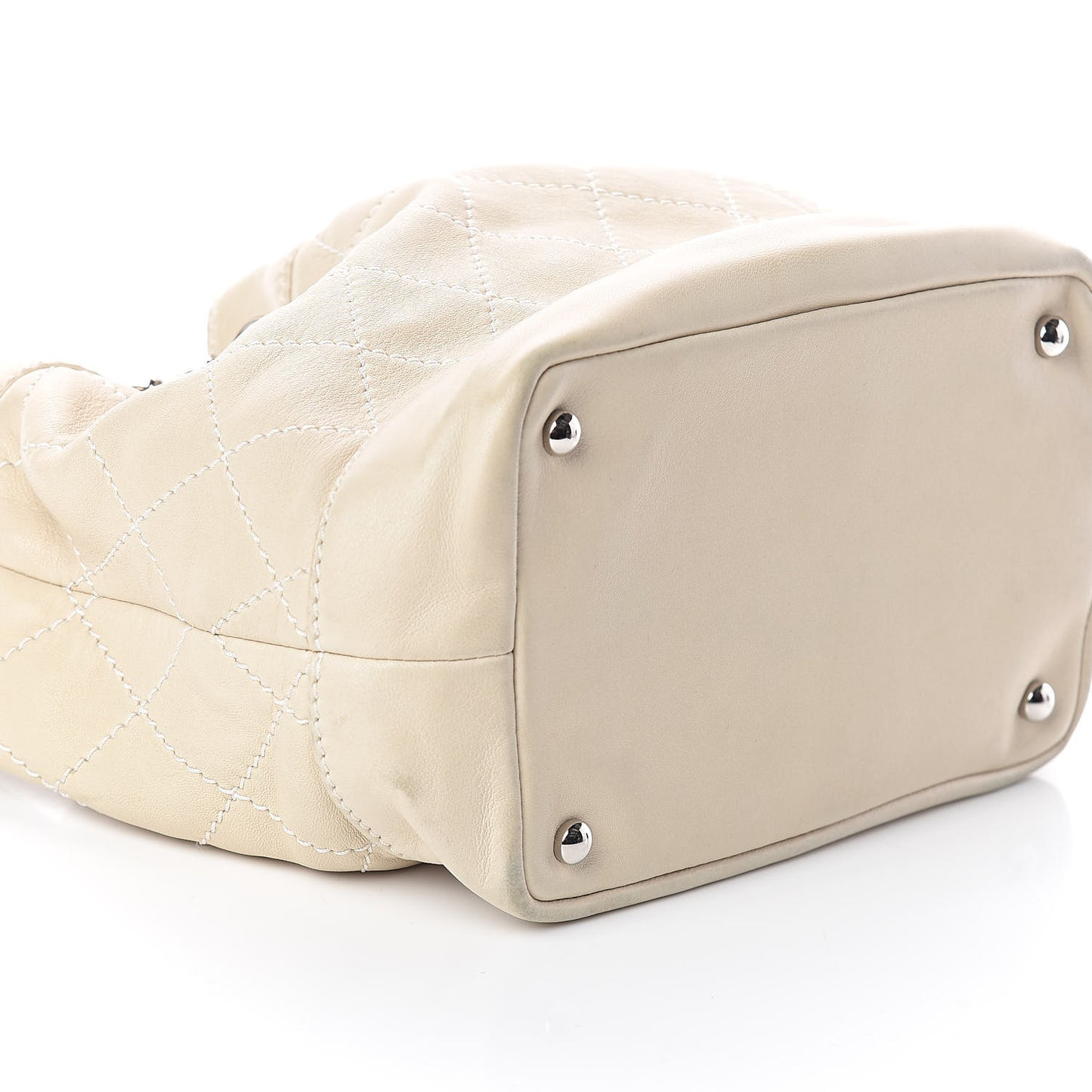 Lambskin Contrast Stitch Small Drawstring Tote Ivory