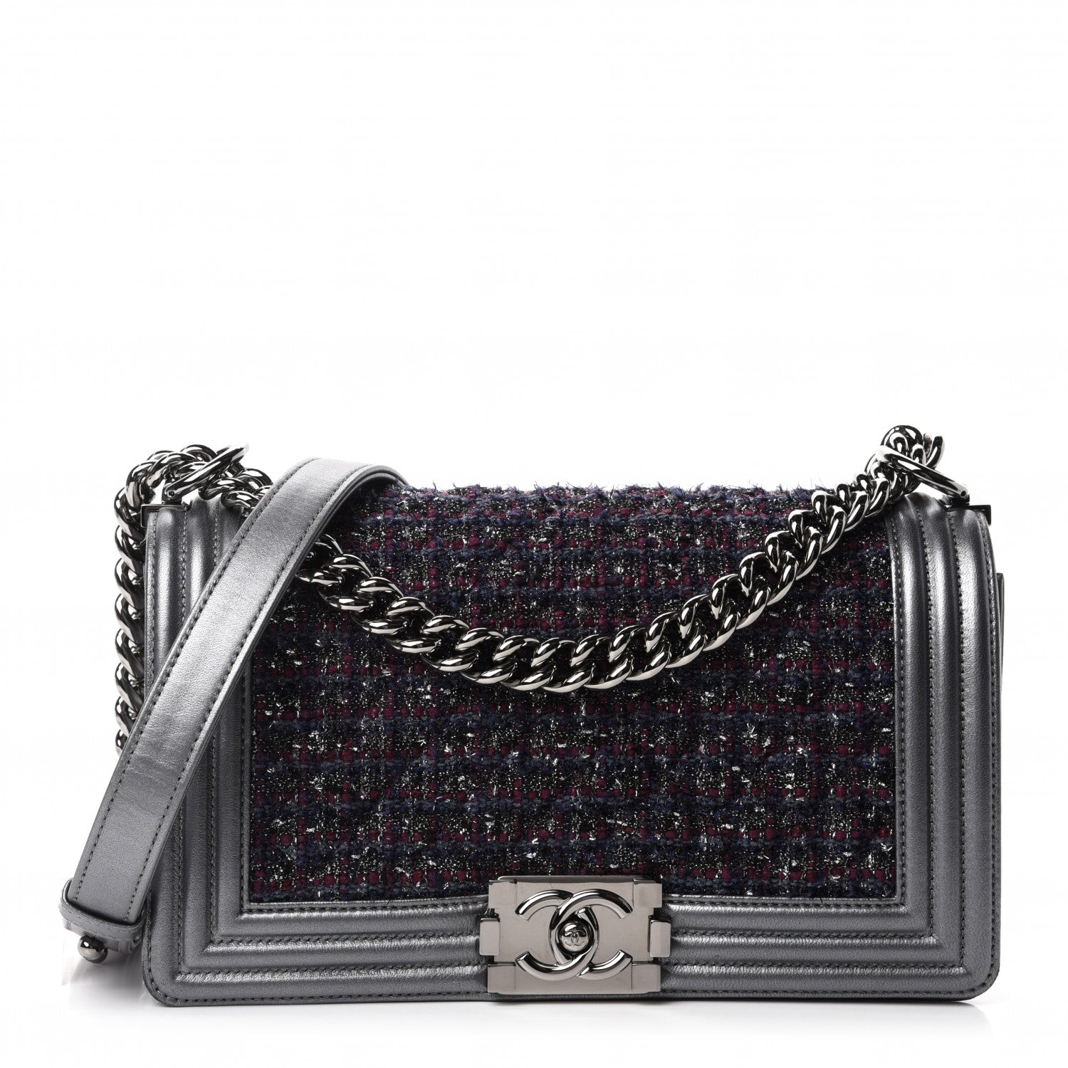 Chanel Tweed Metallic Lambskin Medium Boy Flap Silver 1 of 14