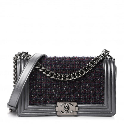 Chanel Tweed Metallic Lambskin Medium Boy Flap Silver 1 of 14