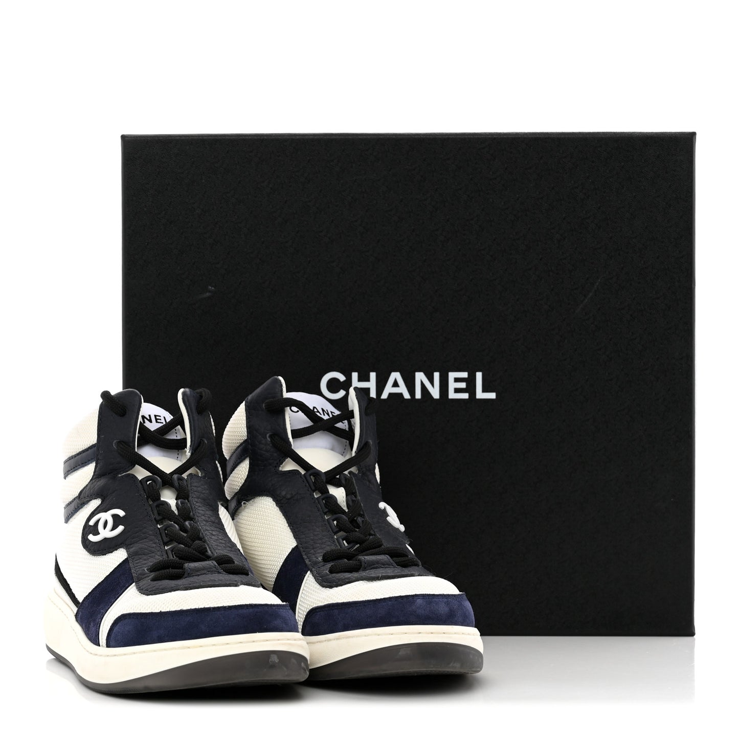 Suede Fabric Grained Calfskin Womens CC High Top Sneakers 37 White Navy