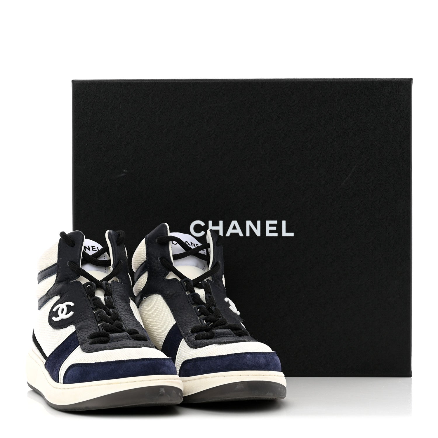 Chanel Suede Fabric Grained Calfskin Womens CC High Top Sneakers 37 White Navy 21 of 21