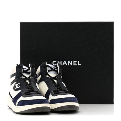 Chanel Suede Fabric Grained Calfskin Womens CC High Top Sneakers 37 White Navy 21 of 21