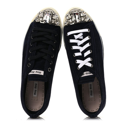 Miu Miu Camoscio Crystal Embellished Womens Low Top Sneakers 38 Navy 2 of 11