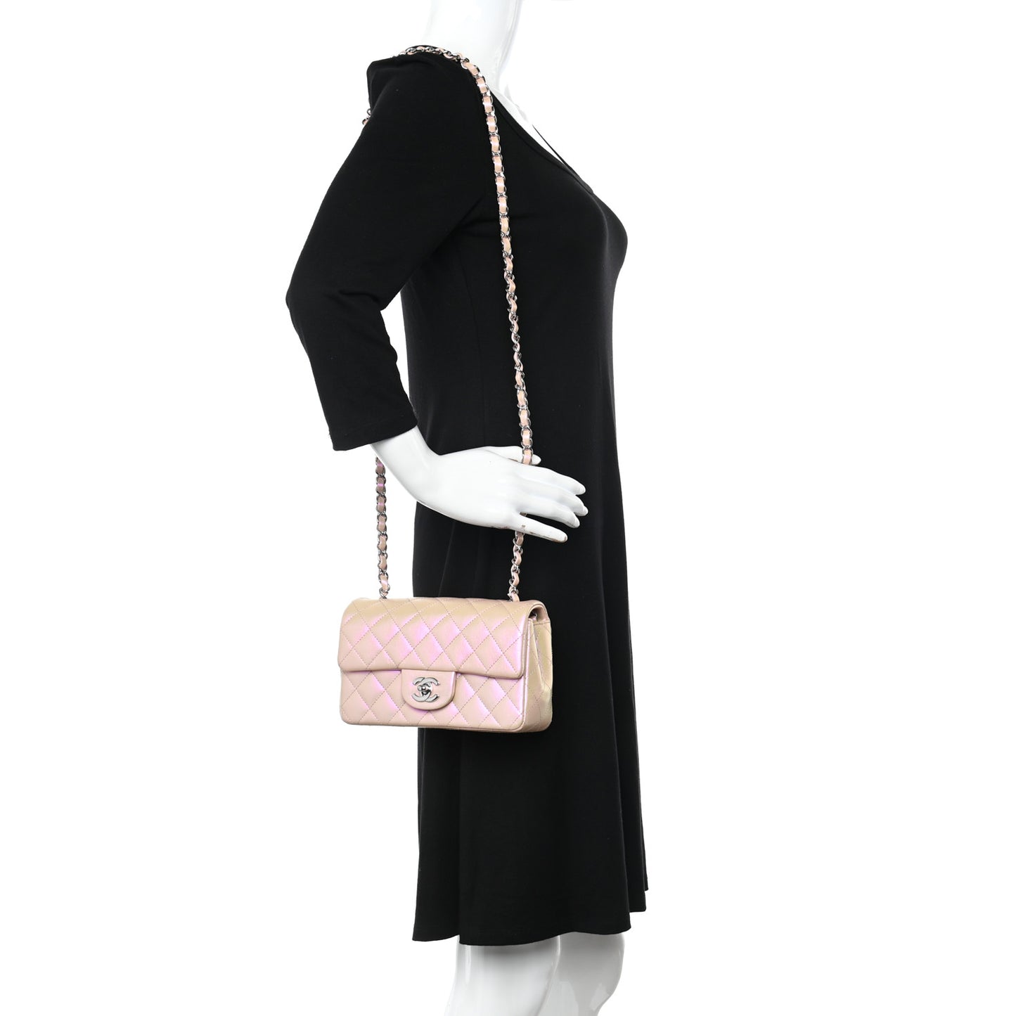 Iridescent Calfskin Quilted Mini Rectangular Flap Pink