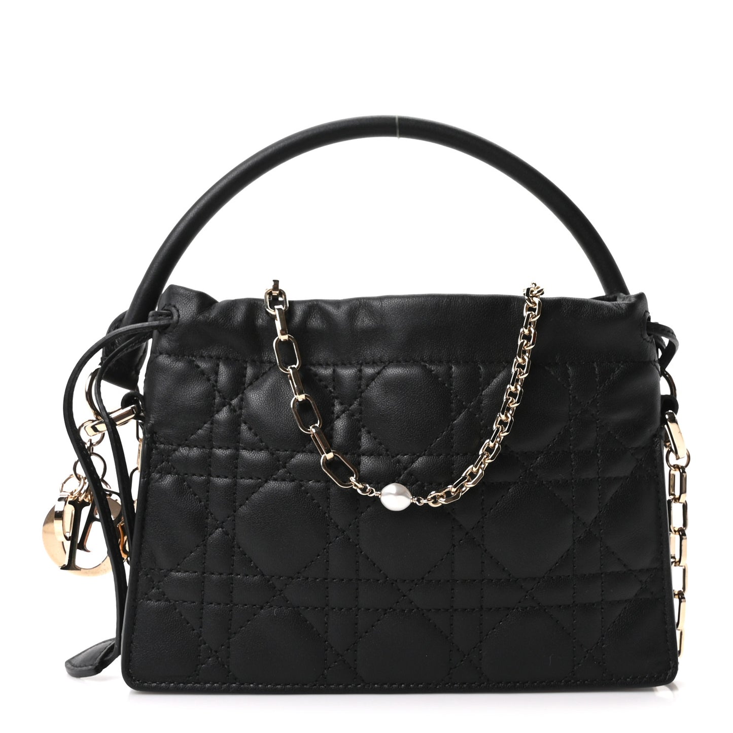 Lambskin Cannage Mini Top Handle Drawstring Bag Black