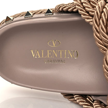 Valentino Garavani Calfskin Silk Woven Rockstud Torchon 5mm Sandals 37 Poudre 7 of 8
