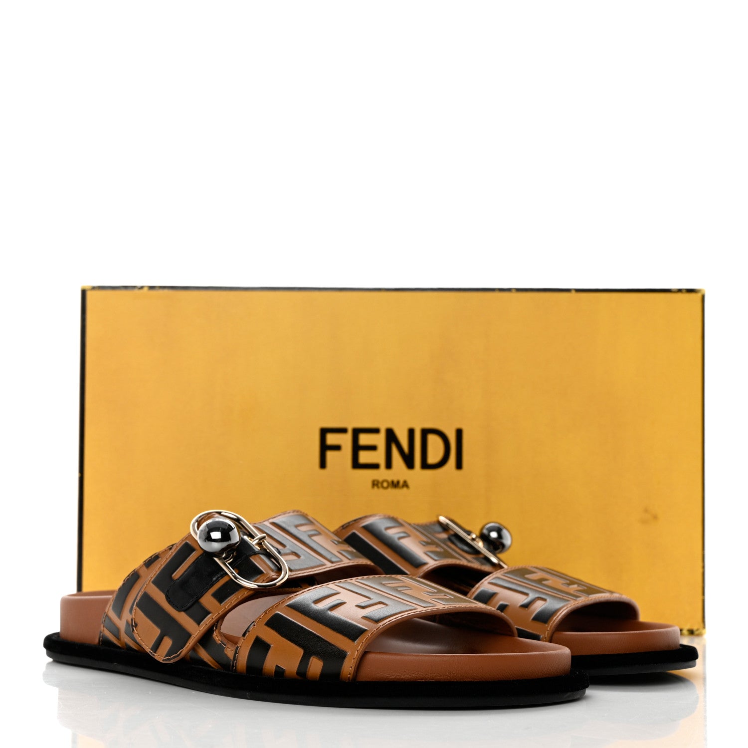 Fendi Calfskin FF Embossed Pearland Slide Sandals 38.5 Tobacco Moro 9 of 9