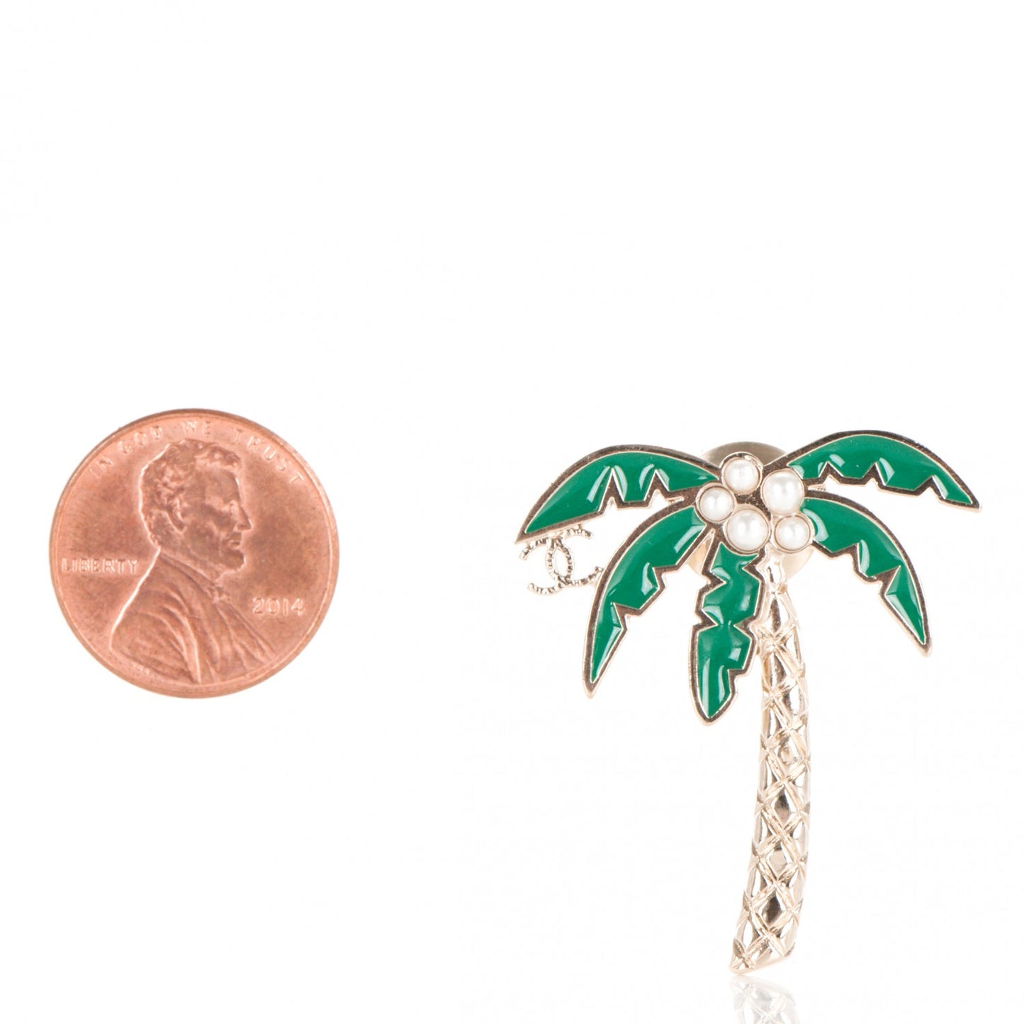 Enamel Pearl Palm Tree Brooch Green Gold