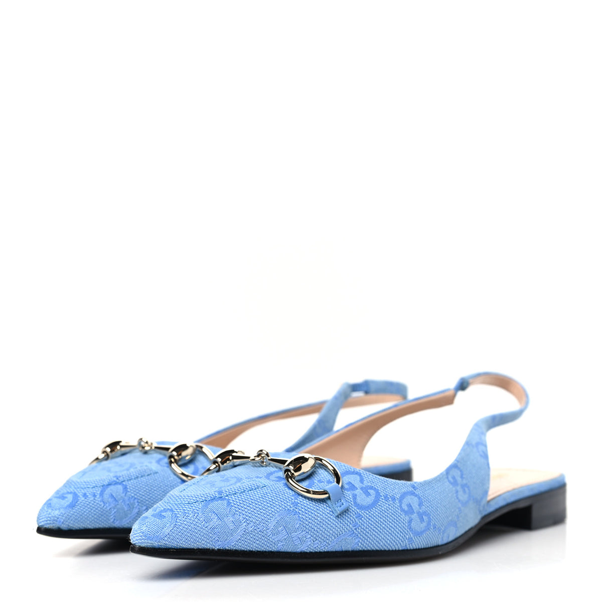 Gucci Tela Retino Nappa Charlotte Crystal GG Monogram Square  Gucci Charlotte Blue Canvas GG Strap Pointed Toe Slingback Pumps Size 37 $695 main image 1