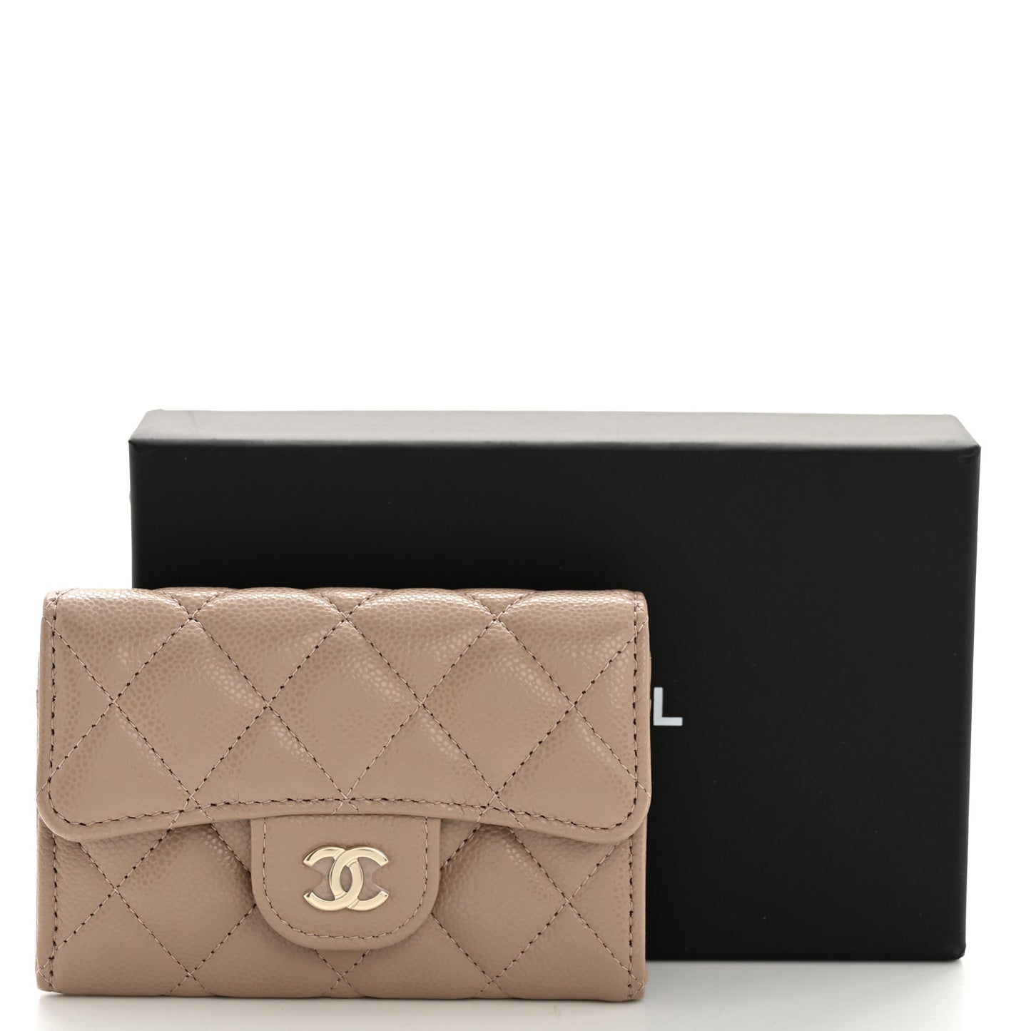 Caviar Quilted Flap Card Holder Wallet Dark Beige