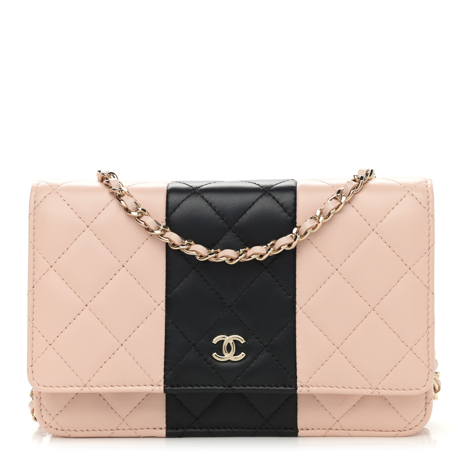Chanel Lambskin Quilted Wallet On Chain WOC Beige Black 1 of 13