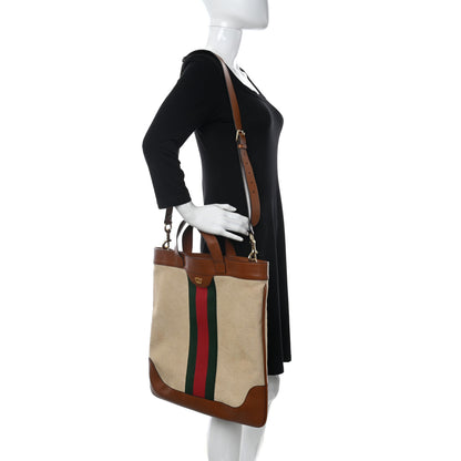 Gucci Vintage Canvas Calfskin Web Flat Tote Sand Light Cuir 2 of 10