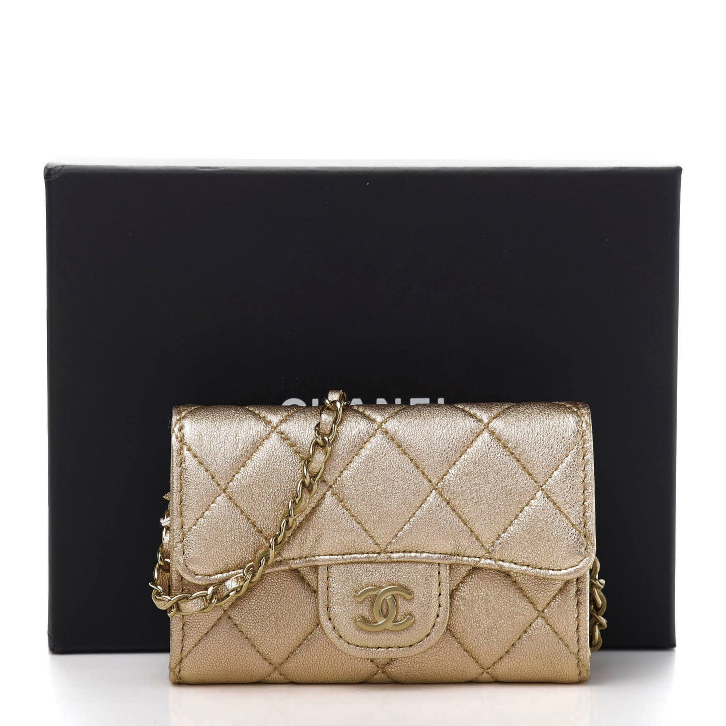 Metallic Lambskin Quilted Flap Chain Waist Bag Gold