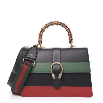 Gucci Calfskin Bamboo Web Large Dionysus Top Handle Bag Black Bright Evergreen Hibiscus Red 1 of 17