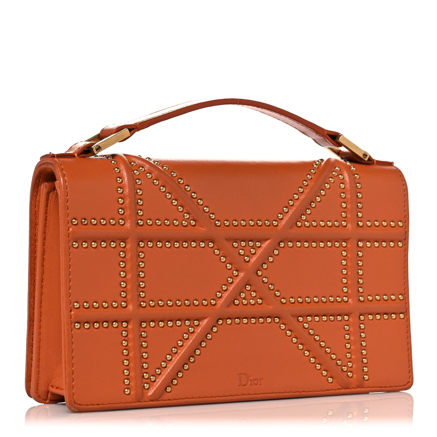 Christian Dior Calfskin Studded Diorama Top Handle Wallet on Chain Pouch Orange 3 of 17