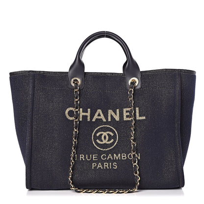 Chanel Lurex Canvas Medium Deauville Tote Navy Blue Gold 1 of 10