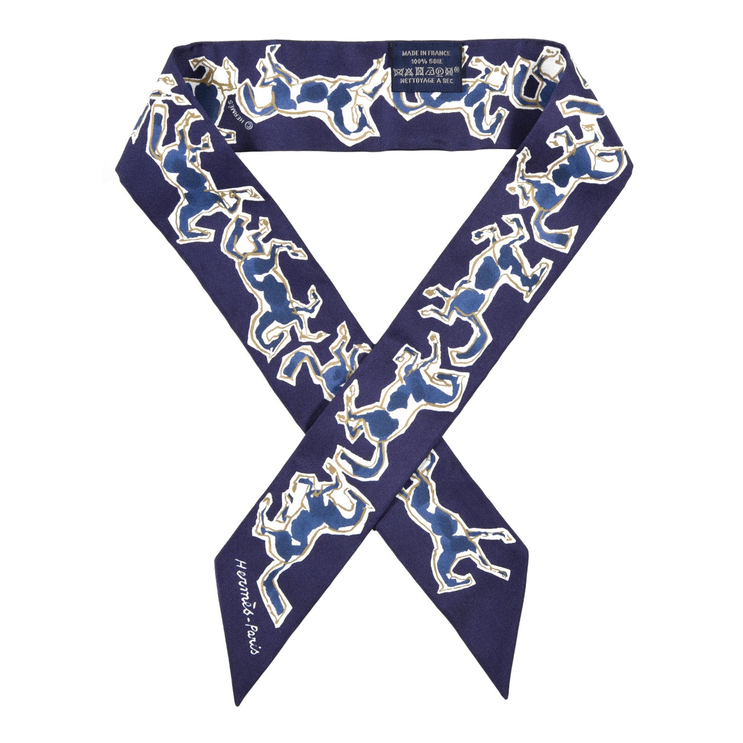 Silk Chevaux En Liberte Twilly Marine Indigo Blanc