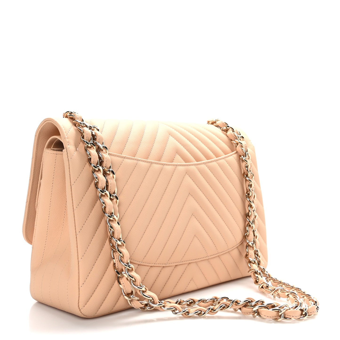 Caviar Chevron Quilted Jumbo Double Flap Beige