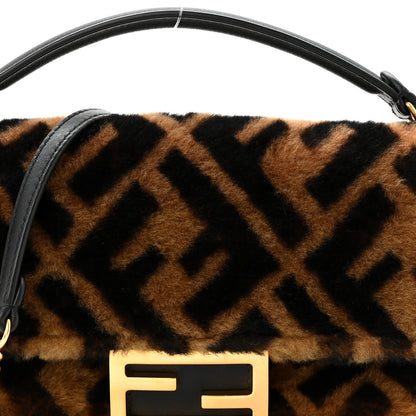 Fendi Shearling Vitello Dolce Macro FF 1974 Mini Baguette Tobacco Black 8 of 10