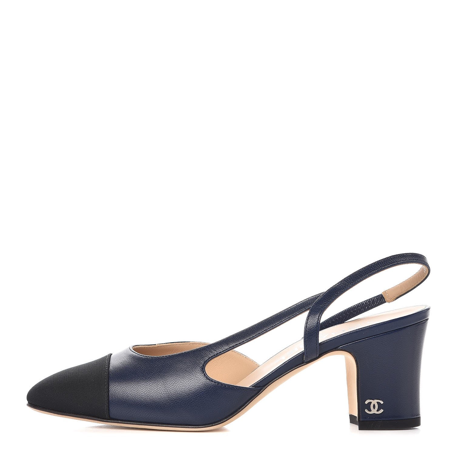 Chanel Lambskin Grosgrain Cap Toe CC Slingback Sandals 37 Navy Black 1 of 9