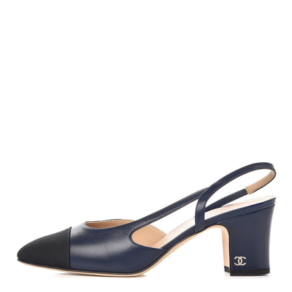 Chanel Lambskin Grosgrain Cap Toe CC Slingback Sandals 37 Navy Black 1 of 9