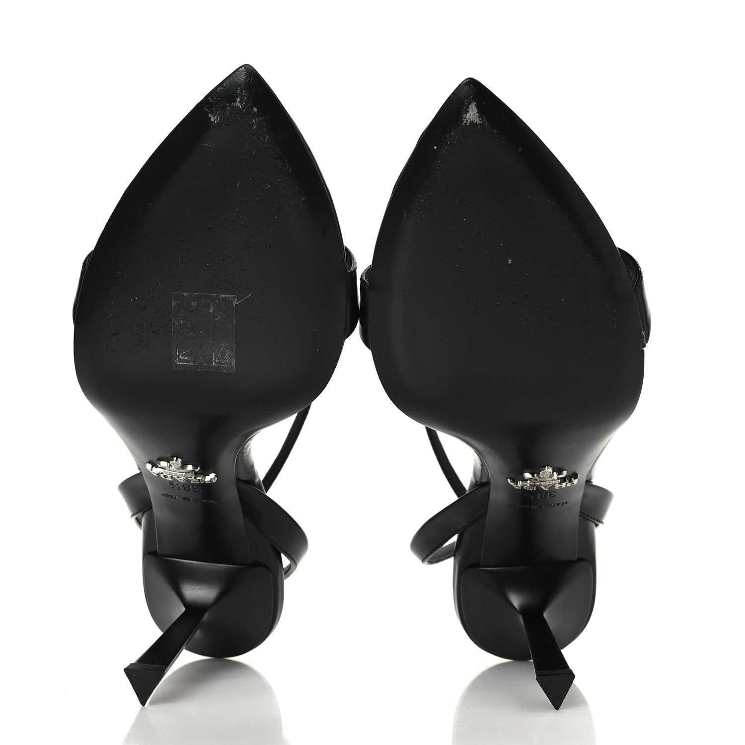 Prada Calfskin Metal Triangle Logo High Heels Sandals 38.5 Black 5 of 7