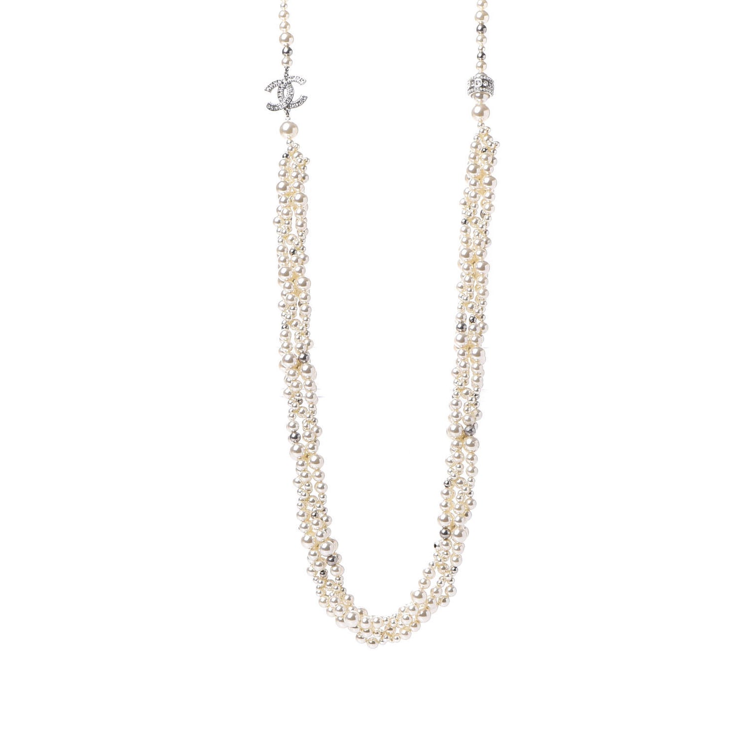 Pearl Crystal CC Multi Strand Long Necklace Silver