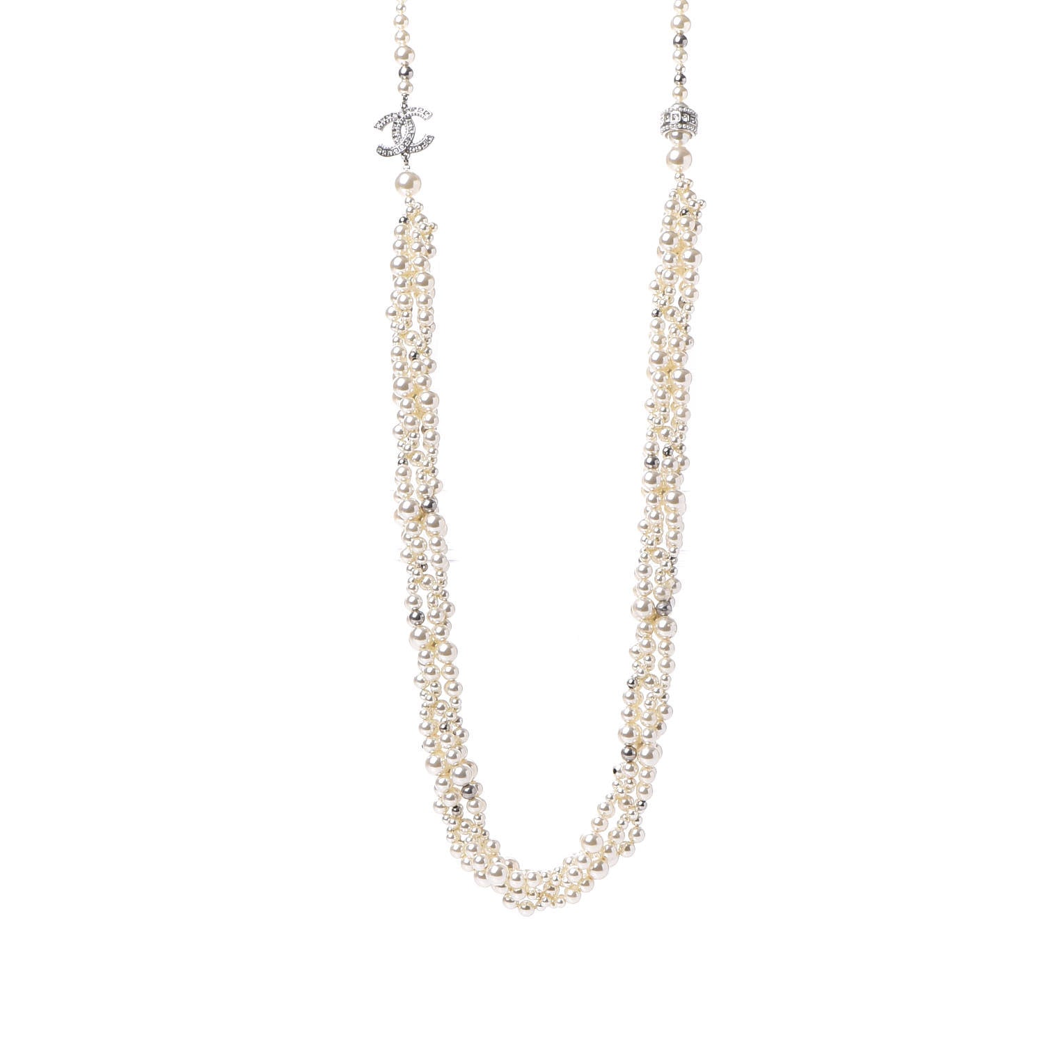 Chanel Pearl Crystal CC Multi Strand Long Necklace Silver 1 of 5