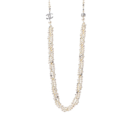 Chanel Pearl Crystal CC Multi Strand Long Necklace Silver 1 of 5