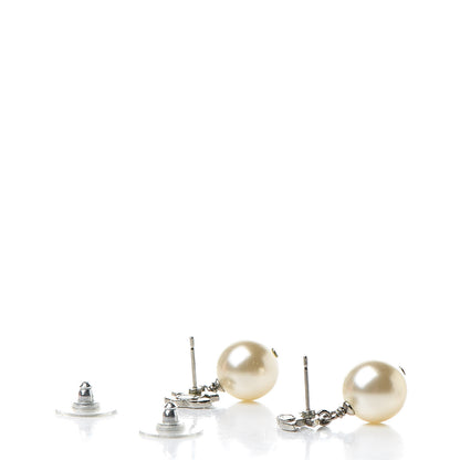 Chanel Crystal Pearl CC Drop Earrings Silver Pearly White 3 of 5
